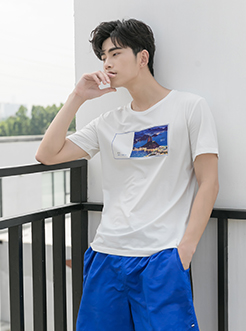 三福2018夏裝新品男創新風景印花T恤 圓領休閑短袖上衣男