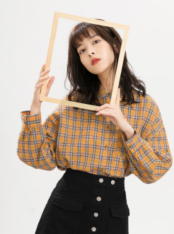 三福2018秋裝新品女長袖格子襯衫 復古日系襯衣外套女