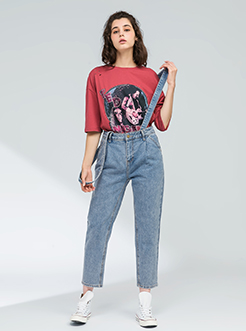 三福2018秋裝新品女可脫卸肩帶牛仔褲 寬松休閑背帶褲女