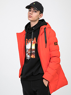 三福2018冬装新品男长款连帽棉衣 休闲保暖外套棉服男