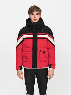 三福2018冬装新品男短款连帽棉衣 撞色拼接外套棉服男