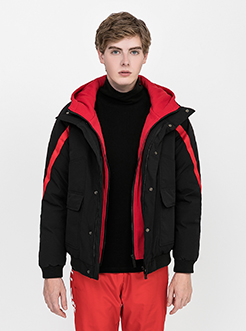 三福2018冬装新品男假两件连帽棉衣 短款撞色外套棉服男