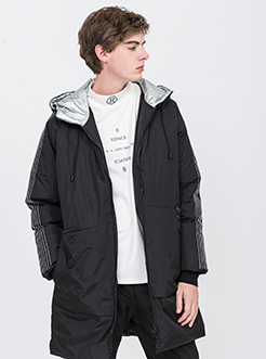 三福2018冬装新品男长款连帽棉衣 运动条刺绣外套棉服男
