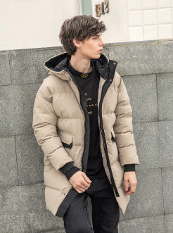 三福2018冬装新品男撞色连帽棉衣 潮流长款外套棉服男
