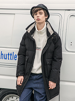三福2018冬装新品男长款立领棉衣 纯色宽松外套棉服男