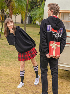 三福2019春装新品后背印花情侣卫衣 男女连帽上衣女
