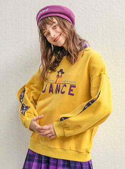 三福2019春裝新品女袖子割破衛衣 人物印花圓領上衣女