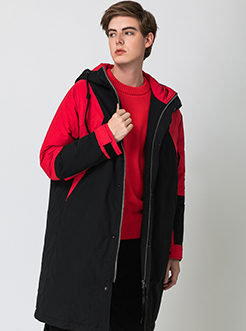 三福2018冬装新品男长款连帽棉衣 潮流撞色外套棉服男