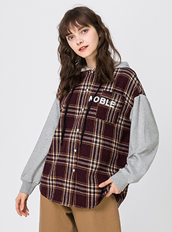 三福2019春裝新品女格紋連帽襯衫 學生撞色長袖襯衣女