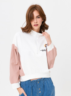 三福2019春装新品女撞色拼接袖卫衣 学生拉链宽松上衣女