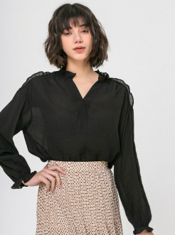 三福2019春装新品女宽松V领衬衫 甜美荷叶边长袖衬衣女