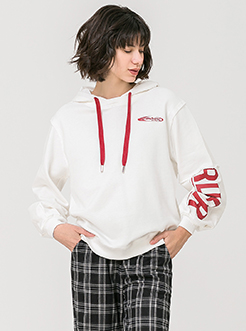 三福2019春装新品女灯笼袖宽松卫衣 撞色印花上衣女