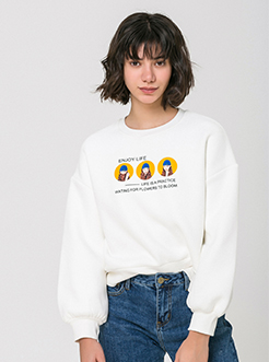 三福2019春装新品女圆领宽松卫衣 卡通印花休闲上衣女