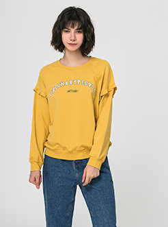 三福2019春裝新品女荷葉邊印花衛衣 休閑寬松長袖上衣女