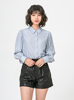三福2019春装新品女灯笼长袖衬衫 简约日系休闲衬衣女