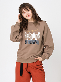 三福2019春裝新品女小高領印花衛衣 寬松棉質長袖上衣女