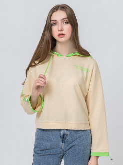 三福2019夏裝新品女撞色熒光邊衛衣 學生休閑連帽上衣女