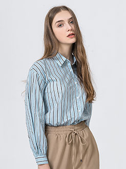 三福2019夏裝新品女條紋棉布長袖襯衫 簡約休閑襯衣女