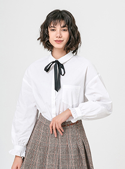 三福2019春裝新品女荷葉邊長袖格紋襯衫 休閑棉質襯衣女