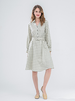三福2019夏裝新品女長袖格紋連衣裙 燈籠袖收腰裙子女