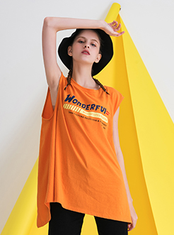 三福2019夏裝新品女休閑寬松背心 潮流印花開叉上衣女