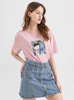 三福2019夏裝新品女人物印花短袖T恤 休閑寬松上衣女