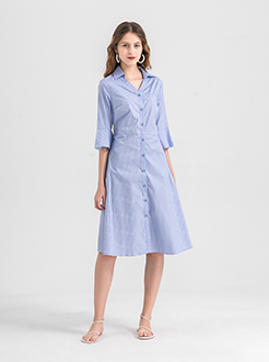 三福2019夏裝新品女荷葉袖連衣裙 甜美A字襯衫裙子女