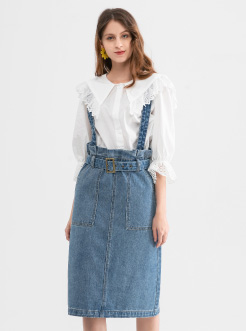 三福2019夏装新品女牛仔背带裙 时尚修身A字半身裙女