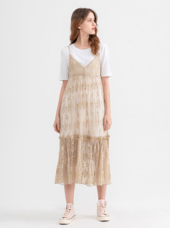 三福2019夏裝新品女蕾絲連衣裙兩件套 甜美中長裙套裝女