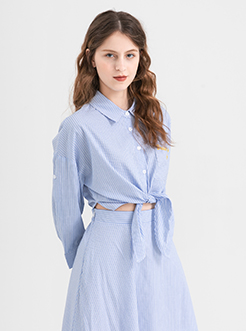 三福2019夏裝新品女翻領露腰連衣裙 甜美收腰襯衫裙女