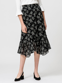 三福2019春装新品女荷叶边雪纺长裙 甜美修身a字半身裙女