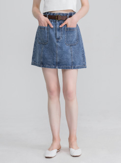 三福2019夏装新品女配腰带高腰牛仔裙 半身裙a字裙短裙女