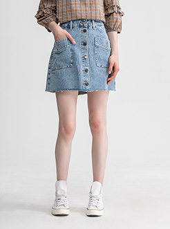 三福2019夏装新品女单排扣毛边短裙 休闲口袋牛仔裙女