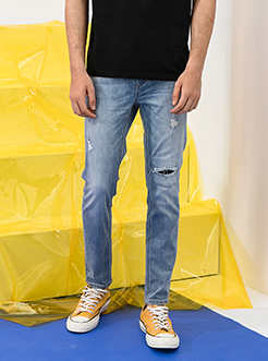 三福2019夏裝新品男磨破印花牛仔長褲 韓版小腳休閑褲男