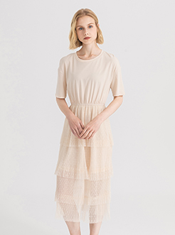 三福2019夏裝新品女系帶收腰連衣裙 甜美四層蛋糕裙女