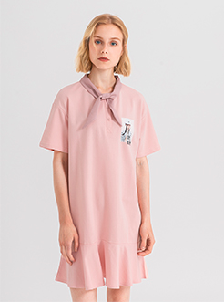 三福2019夏裝新品女海軍風系領連衣裙 趣味印花魚尾裙女