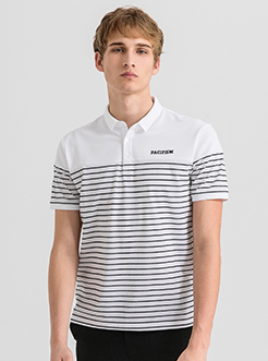 三福2019夏裝新品男拼接條紋POLO衫 短袖翻領T恤男