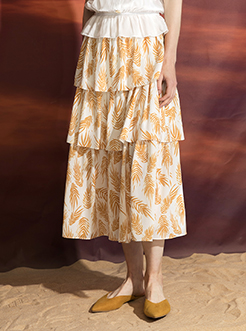 三福2019夏装新品女蛋糕裙 半身叶子印花雪纺裙百褶裙女