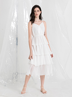 三福2019夏裝新品女v領雪紡連衣裙 吊帶蛋糕裙散擺裙女