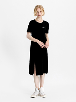 三福2019夏裝新品女英文字母連衣裙 ins顯腰短袖裙子女