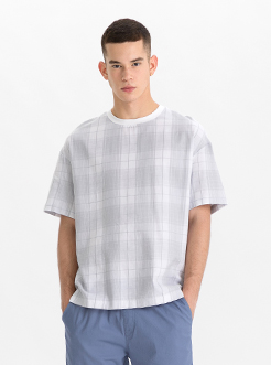 三福2019夏裝新品男格紋拼接短袖 襯衫 chic風襯衣男