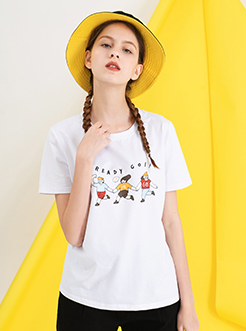 三福2019夏裝新品女休閑短袖T恤 趣味印花上衣女