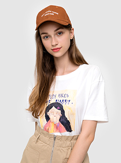 三福2019夏裝新品女人偶印花T恤 潮流圓領短款上衣女