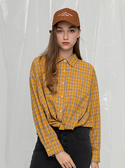 三福2019秋裝新品女格子扭結襯衫 寬松長袖襯衣女