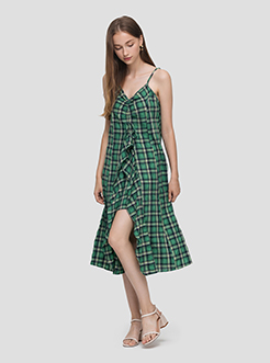 三福2019夏裝新品女格紋荷葉邊連衣裙 吊帶裙女