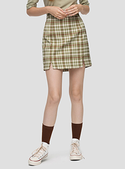 三福2019夏裝新品女格紋短裙 復古修身A字半身裙女