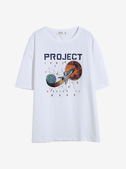 三福2019夏装新品女圆领宇宙飞船印花T恤 休闲上衣女