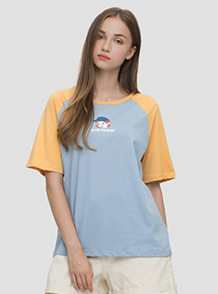 三福2019夏裝新品女撞色拼袖圓領T恤閨蜜款 休閑上衣女