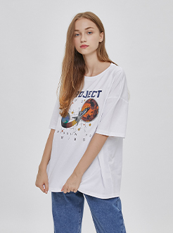 三福2019夏裝新品女圓領宇宙飛船印花T恤 休閑上衣女